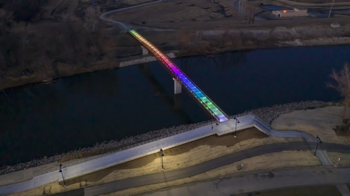 Drone photo of Grays Lake Pedestrian Bridge in Des Moines Iowa