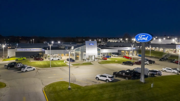 Drone Photos of specialty lighting for car dealership